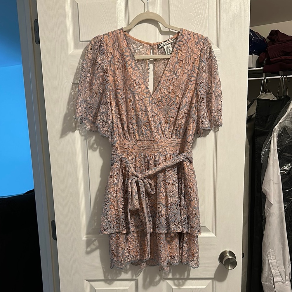 Elegant Lace V-Neck Dress in Pink and Gray